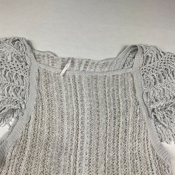 Free People Open Knit Boho Top Gray Short Sleeve Crochet Trim Festival Shirt S - Picture 3 of 11
